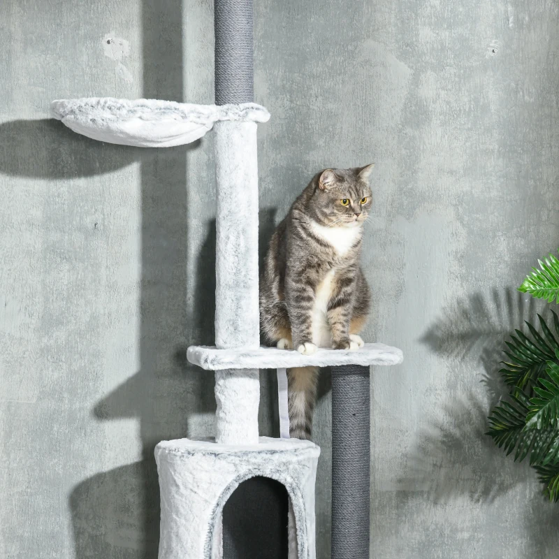 PawHut 89"-100" Floor to Ceiling Cat Tree w/ Hammock, Scratching Posts, Condo, Perches, Toy Ball, Anti-tip Kit, Grey