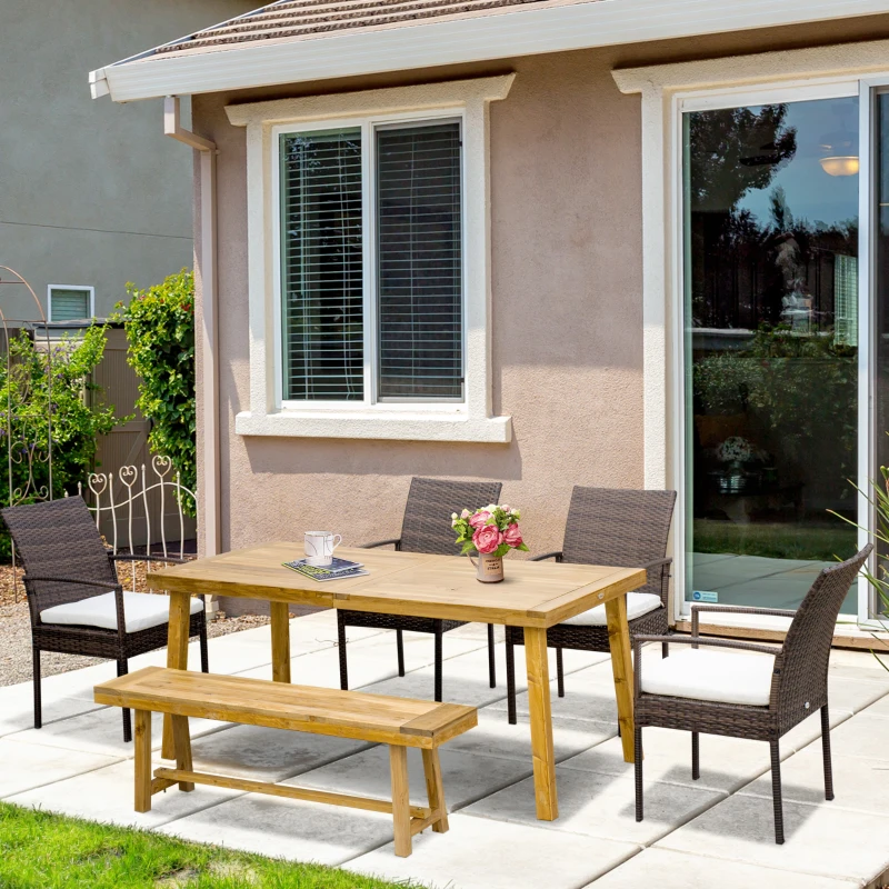 Outsunny Outdoor Dining Set for 6, Patio Dining Furniture Set with PE Wicker Chairs, Armrests, Acacia Wood Loveseat Bench & Dinner Table, Cushions, White