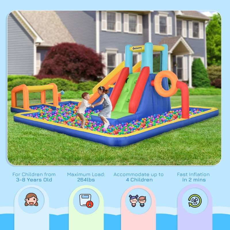 Outsunny 6 in 1 Kids Inflatable Bounce House with Slide, Pool, Climbing Wall, Water Cannon, Basketball Hoop, Football Stand