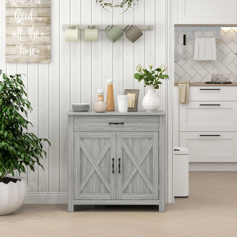 HOMCOM Farmhouse Sideboard Cabinet with Barn Doors Kitchen Buffet Cabinet with Drawer and Adjustable Shelf Stone Gray