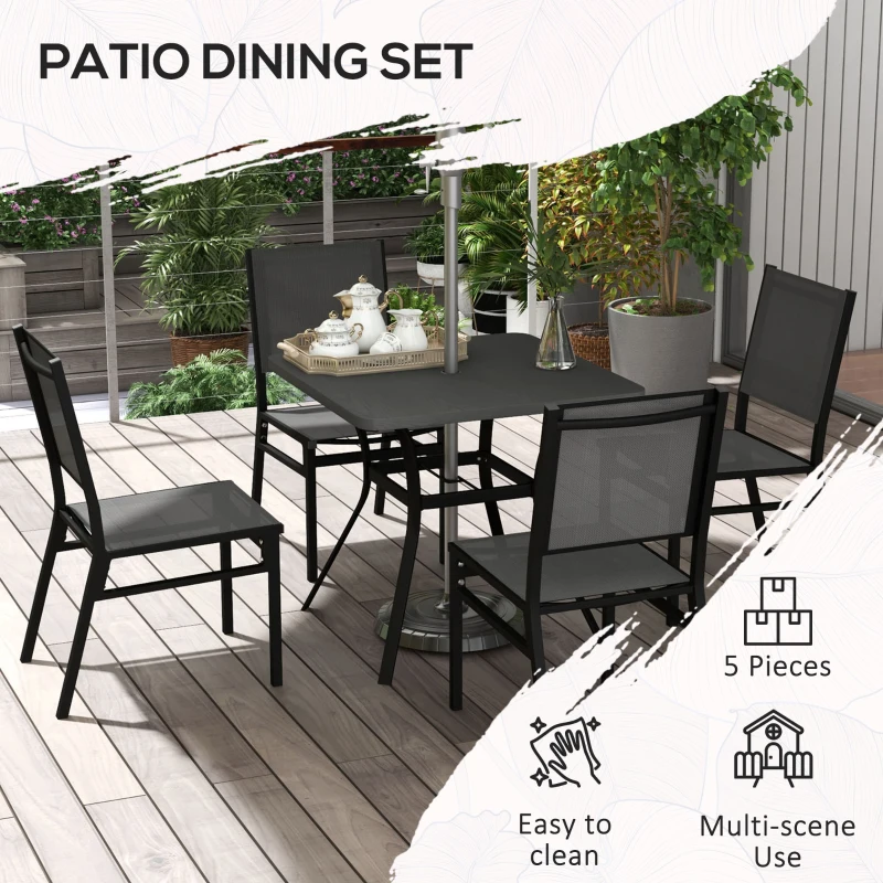 Outsunny 5 Pieces Outdoor Dining Set with Umbrella Hole, Patio Table and Chairs with Steel Top, Breathable Mesh Seat Back