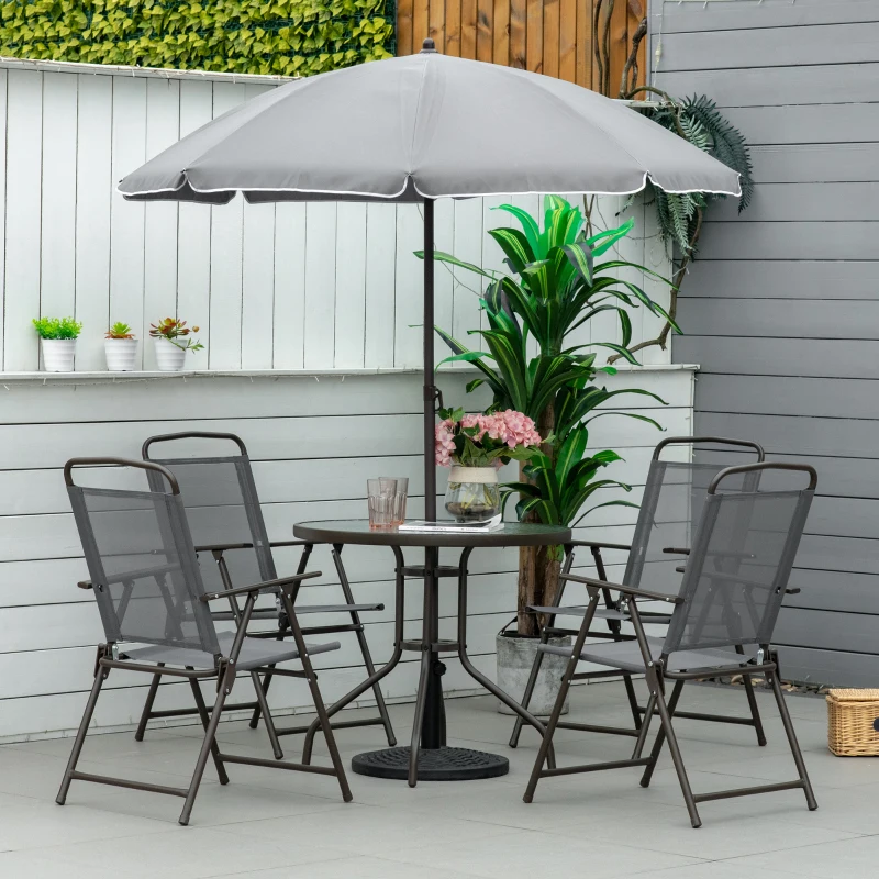 Outsunny 6 Piece Patio Dining Set for 4 with Umbrella, with 4 Folding Dining Chairs & Round Glass Table for Garden, Gray