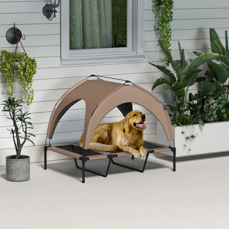 PawHut Raised Dog Bed Cooling Dog Cot w/ Canopy Washable Breathable Mesh, for Large Dogs, Coffee