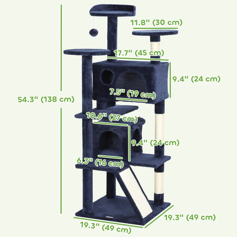 PawHut 54" Cat Tree, Multi-Level Cat Tower with Scratching Posts, Cat Condos, Bed, Platforms, Ramp, Toy Ball, Dark Blue