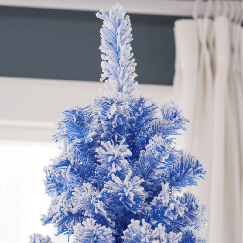 HOMCOM 7.5ft Flocked Christmas Tree, Pencil Christmas Tree with Realistic Branch Tips, Folding Metal Stand, Blue