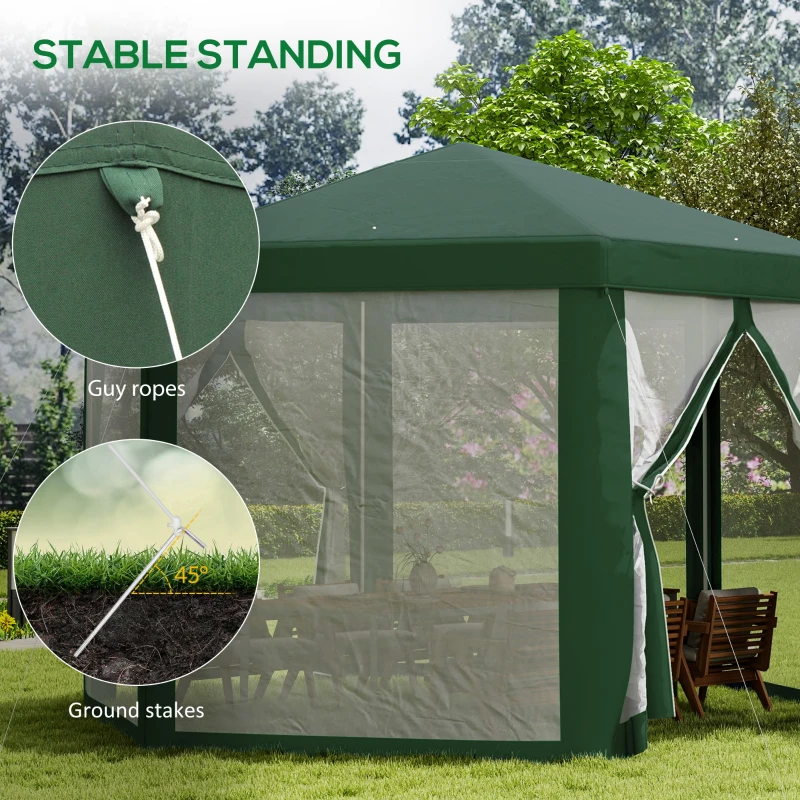 Outsunny 13' x 11' Hexagon Outdoor Party Tent Sun Shelter Canopy with Protective Mesh Screen Walls, Green