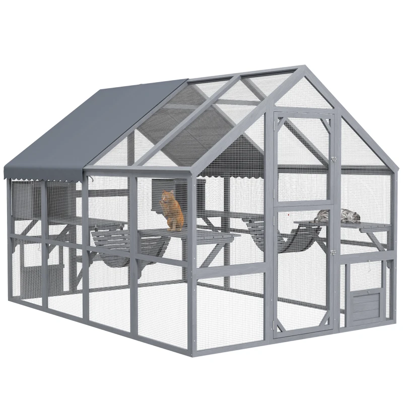 PawHut Wooden Catio Outdoor Cat Enclosure with Waterproof Cover, 2 Condos, 6 Platforms, Bridge, Doors, Gray
