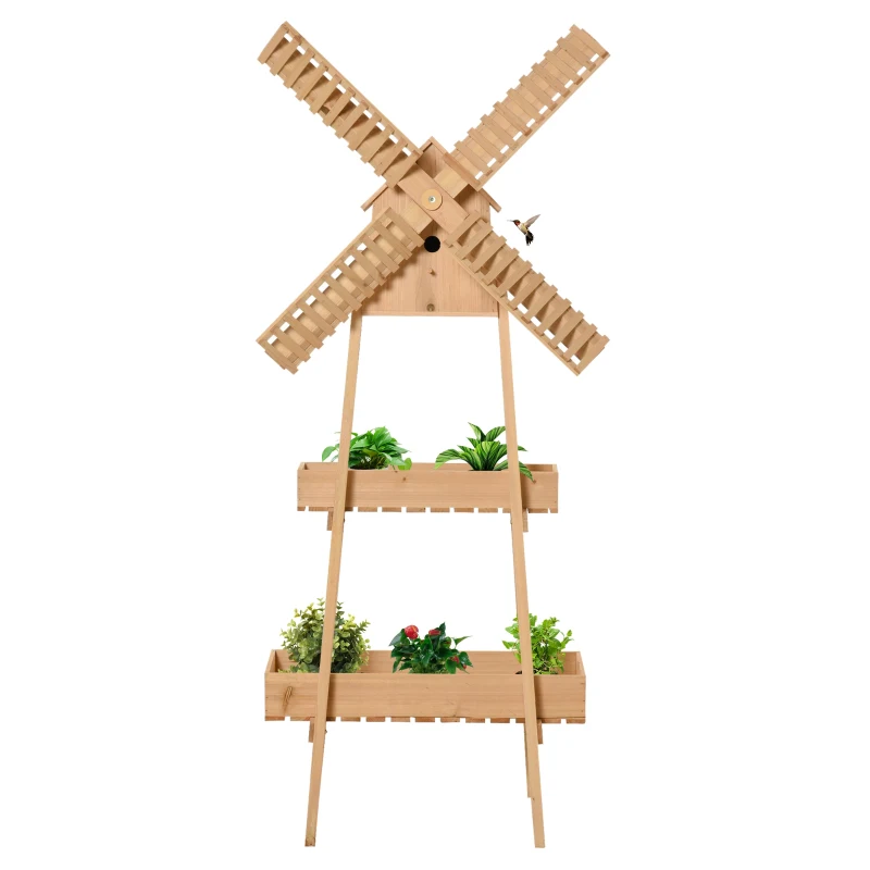 Outsunny Outdoor Plant Stand, 2 Tier Wood Flower Stand with Windmill, Garden Decor Plant Shelf with Built-in Mini Bird House, Great for Indoor/Outdoor