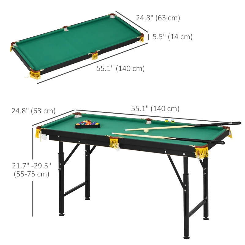 Soozier 55" Pool Table Set Folding Billiard Table with Adjustable Height, 2 Cues, 16 Balls, 2 Chalks, Triangle, Brush, Green
