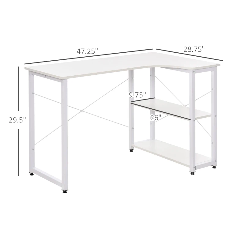 HOMCOM L-Shaped Computer Desk Home Office Corner Desk Study with Wide Desktop, 2 Side Shelves, Steel Frame, White