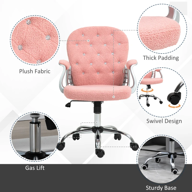 Vinsetto Button Tufted Desk Chair, Home Office Chair with Padded Armrests, Adjustable Height and Swivel Wheels, Pink