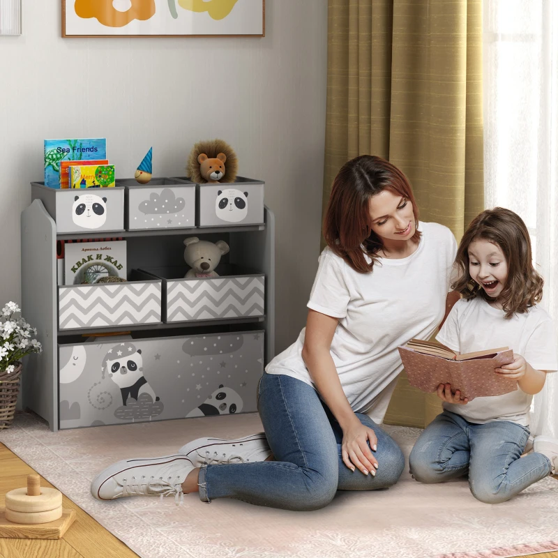 Qaba Toy Organizer with 6 Storage Bins, 25" x 12" x 26", Gray