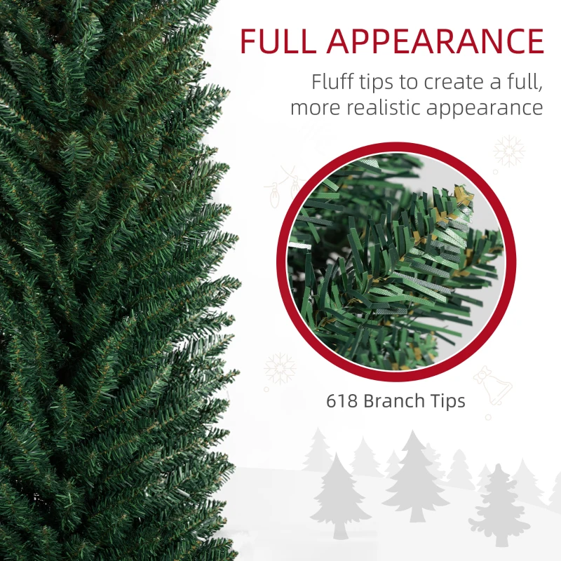HOMCOM 8ft Unlit Pencil Artificial Christmas Tree with Realistic Branches and 618 Tips, Plastic Base, Green