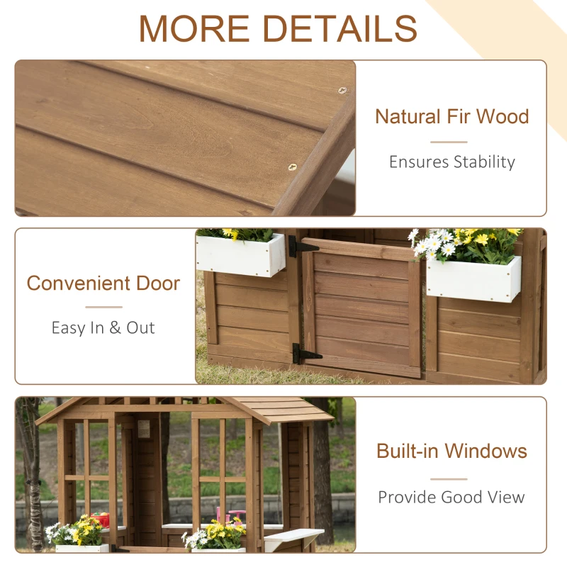 Outsunny Kids Wooden Playhouse, Outdoor Garden Games Cottage with Flowers Pot Holder, Working Door, Windows, Brown