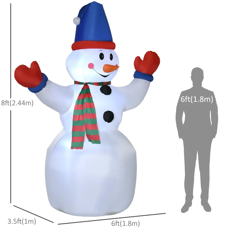 Outsunny 8ft Inflatable Christmas Snowman with Blue Hat and Red Gloves, Blow-Up Outdoor LED Yard Display for Lawn Garden Party