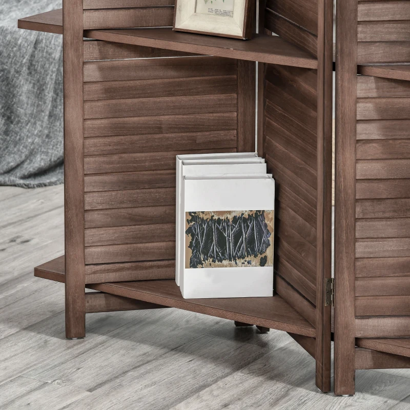 HOMCOM Room Divider, 4 Panel 67" Tall Wood Privacy Screen with 3 Display Shelves, and Folding Storage for Bedroom or Home Office, Walnut