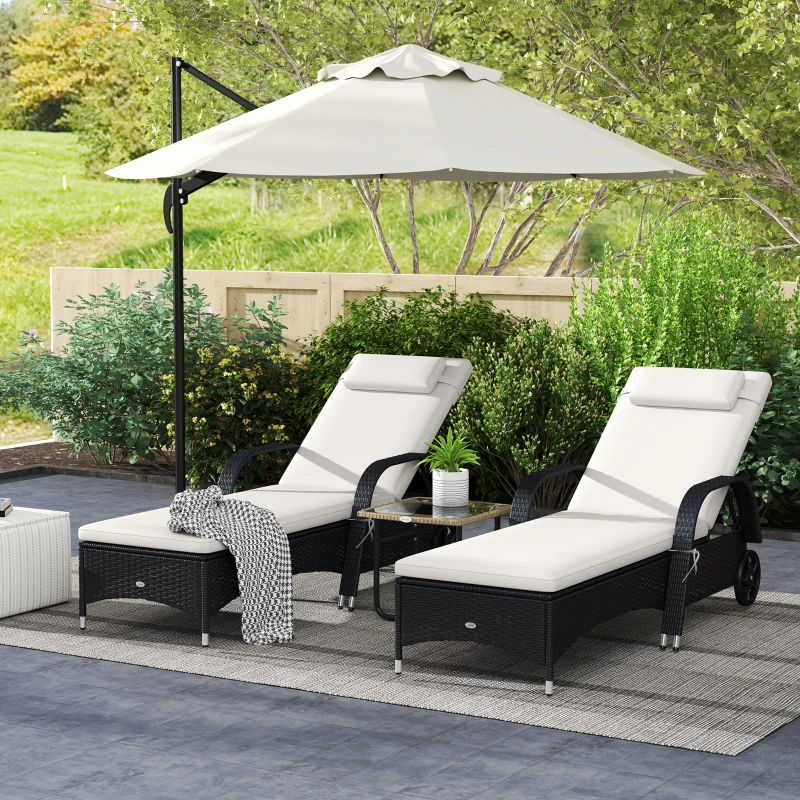 Outsunny 2 Reclining Chaise Lounge Chairs, Rolling Outdoor Chairs with Cushion, Pillow, Headrest, Armrests, and Wheels, Cream