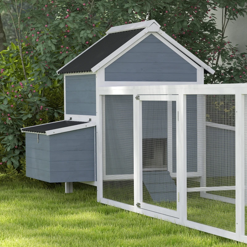 PawHut 156" Extra Large Wooden Chicken Coop with 2 Nesting Box, Run Cage, Waterproof Wave Roof, for 10-15 Chickens, Light Gray
