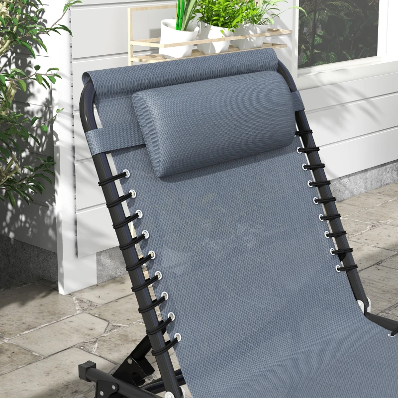 Outsunny 2 PCs Folding Lounge Chairs, Adjustable Chaise Lounges with Headrest, Reclining Lounger Cot for Camping, Hiking, Grey