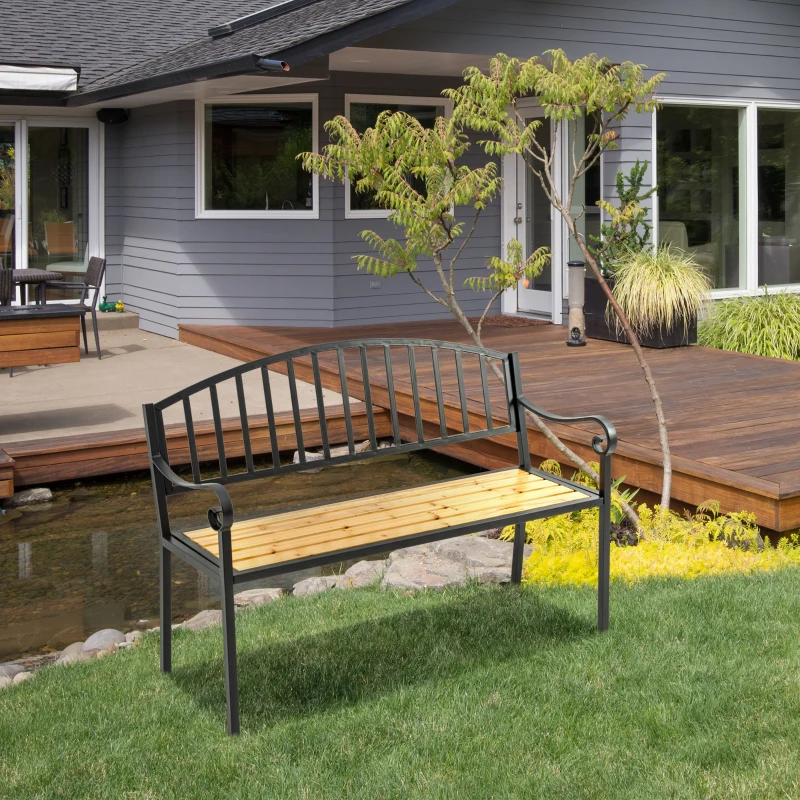 Outsunny 50" Garden Bench, Patio Loveseat with Antique Backrest, Wood Seat and Steel Frame for Backyard or Porch