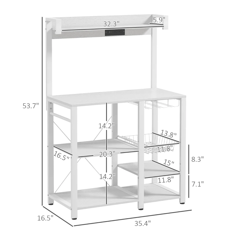 HOMCOM Industrial Kitchen Bakers Rack with Charging Station, RGB Lights, Glass Holders and Open Shelves, White