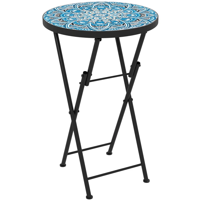 Outsunny Mosaic Outdoor Patio Side Table, 14" Round Folding Outdoor Coffee Table with Steel Frame for Balcony Deck Patio Terrace, Blue