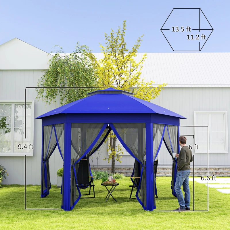 Outsunny 13' x 13' Pop Up Gazebo Hexagonal Canopy Shelter with 6 Zippered Mesh Netting for Patio Backyard Garden Wedding Party