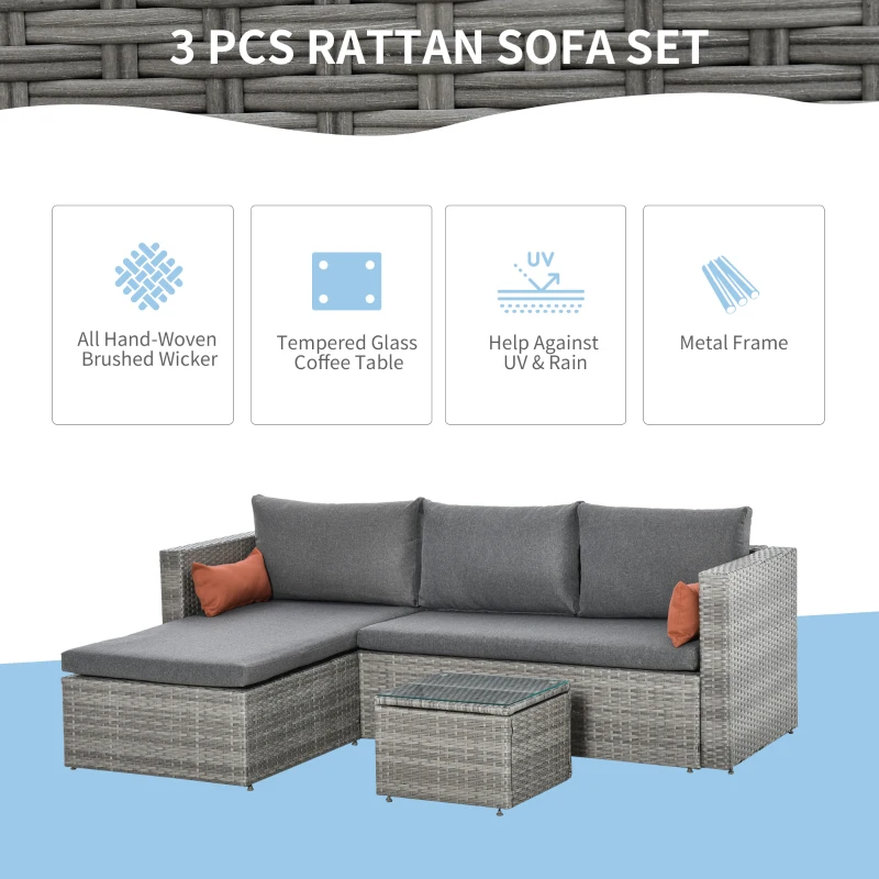 Outsunny 3-Piece Patio Furniture Set Modern Sectional Sofa Rattan Chair Wicker Conversation Set Outdoor Hand Woven Rattan Wicker Furniture Patio Coffee Table Sofa Set, Grey