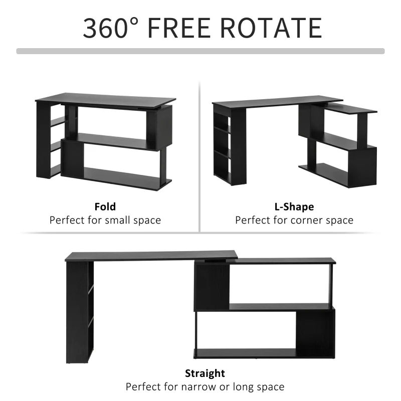 HOMCOM L Shaped Desk, 360° Rotating Corner Desk, Computer Writing Table Workstation with Storage Shelf for Home Office, Black