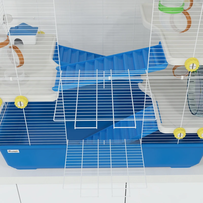 PawHut 4 Tier Hamster Cage with Tunnel Tube System, Hut, Exercise Wheel, Water Bottle, Food Dish, for Syrian, Gerbil, Blue