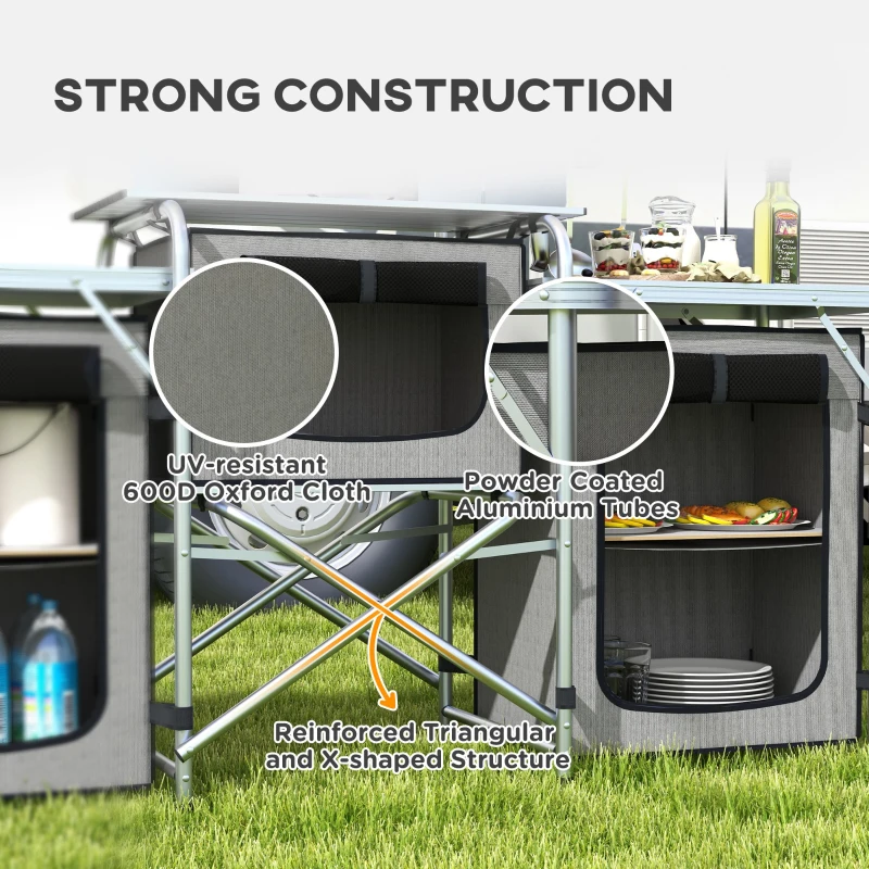 Outsunny Aluminum Camping Kitchen, Portable Folding Camping Table with Fabric Cupboards, Windshield, Bag for BBQ, Picnic, Gray