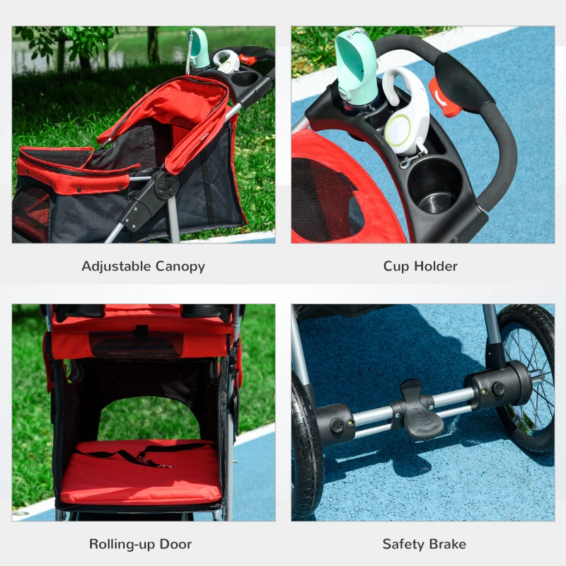 PawHut Luxury Pet Stroller Lightweight Dog Cat Travel Carriage with 3-Rubber Wheels, One-click Folding Design, Adjustable Canopy, Zippered Mesh Window Door, Red