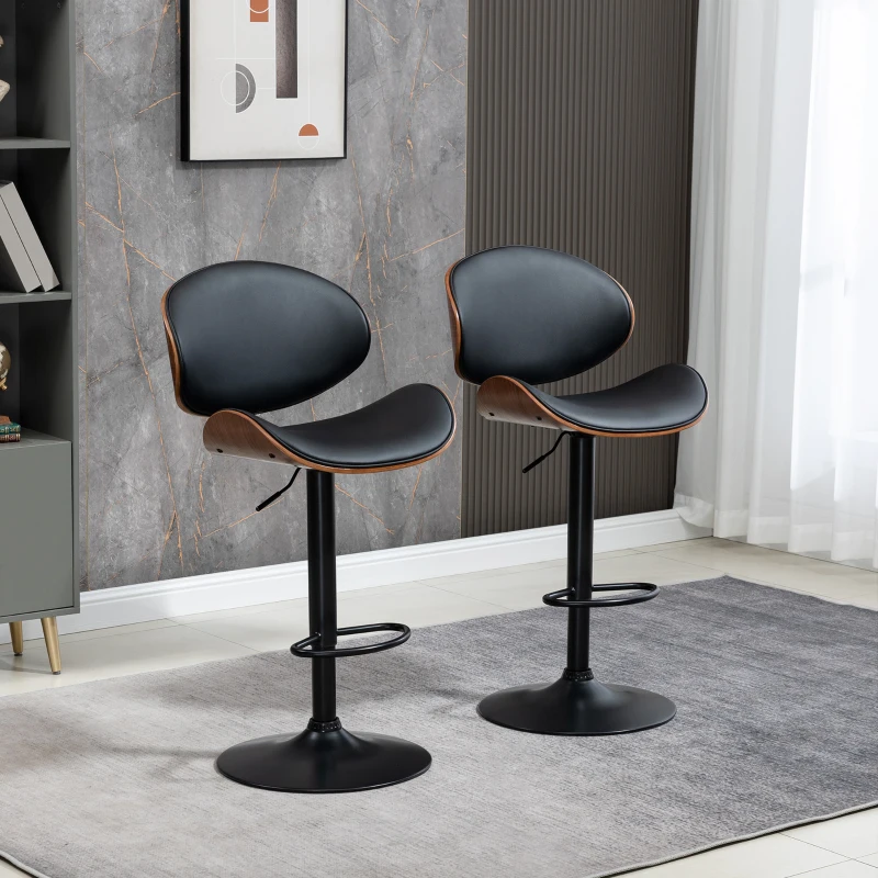 HOMCOM Bar Stools Set of 2, Modern PU Leather Adjustable Swivel Barstools with Curved Back, Footrest and Steel Base, Black