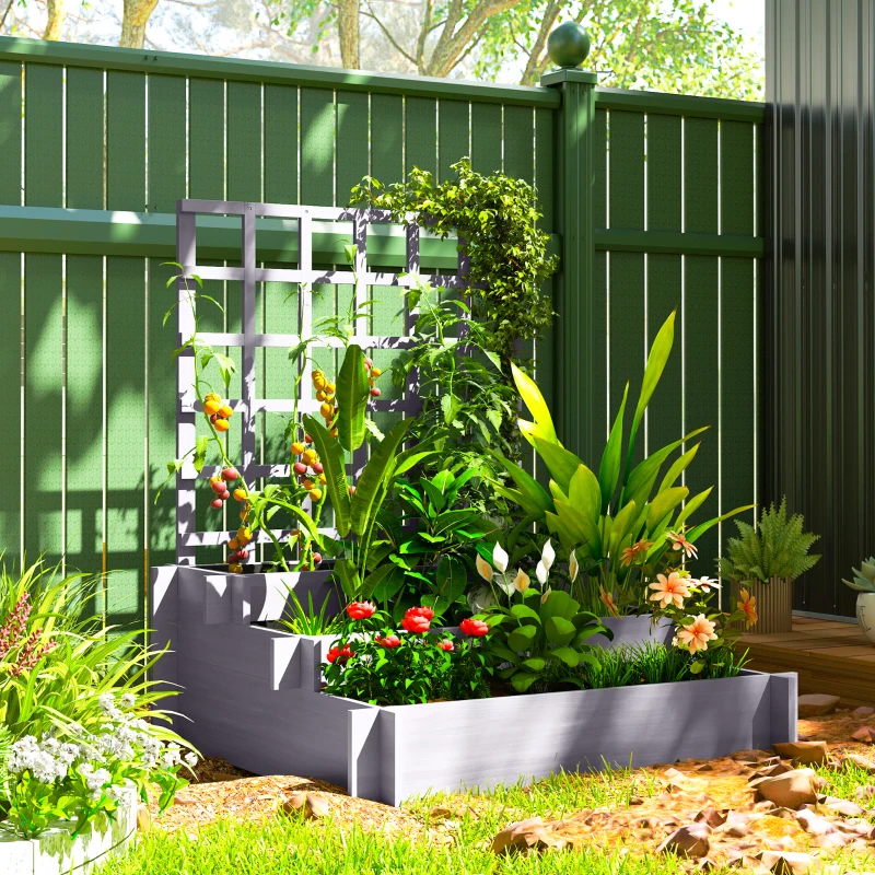 Outsunny Wooden Elevated Planter Box with Trellis for Climbing Plants, 3 Tier Raised Garden Bed for Garden, Outdoor, Grey