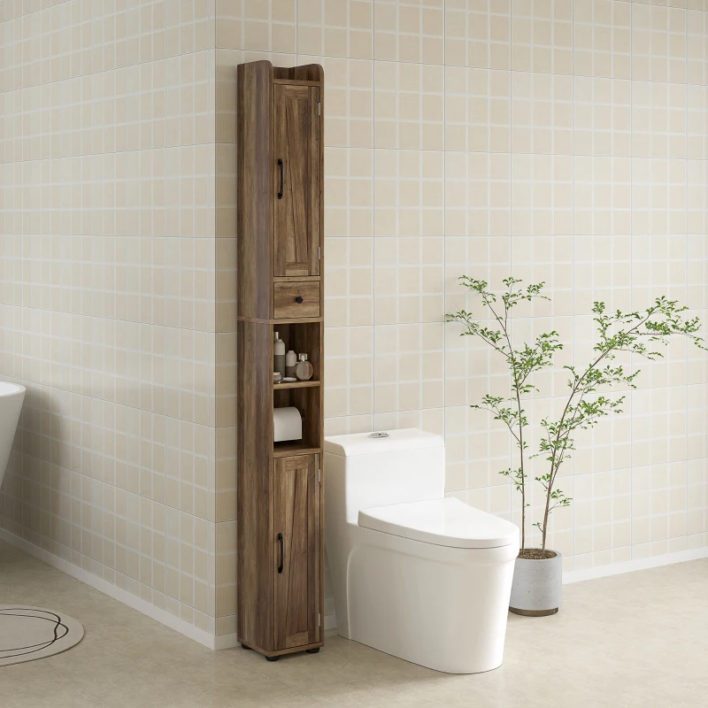 HOMCOM Narrow Bathroom Cabinet, Tall Bathroom Storage Cabinet with Barn Doors, Drawer and Adjustable Shelves, Brown Wood Grain
