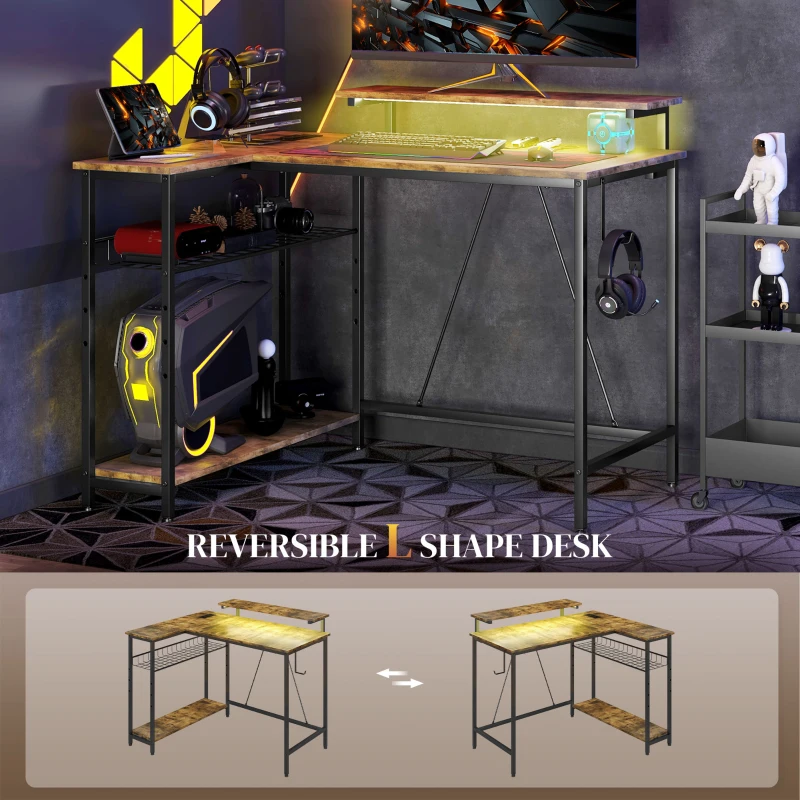 HOMCOM Reversible L Shaped Desk with Lights, Power Outlet, USB Ports, Corner Desk with Storage for Home Office, Brown