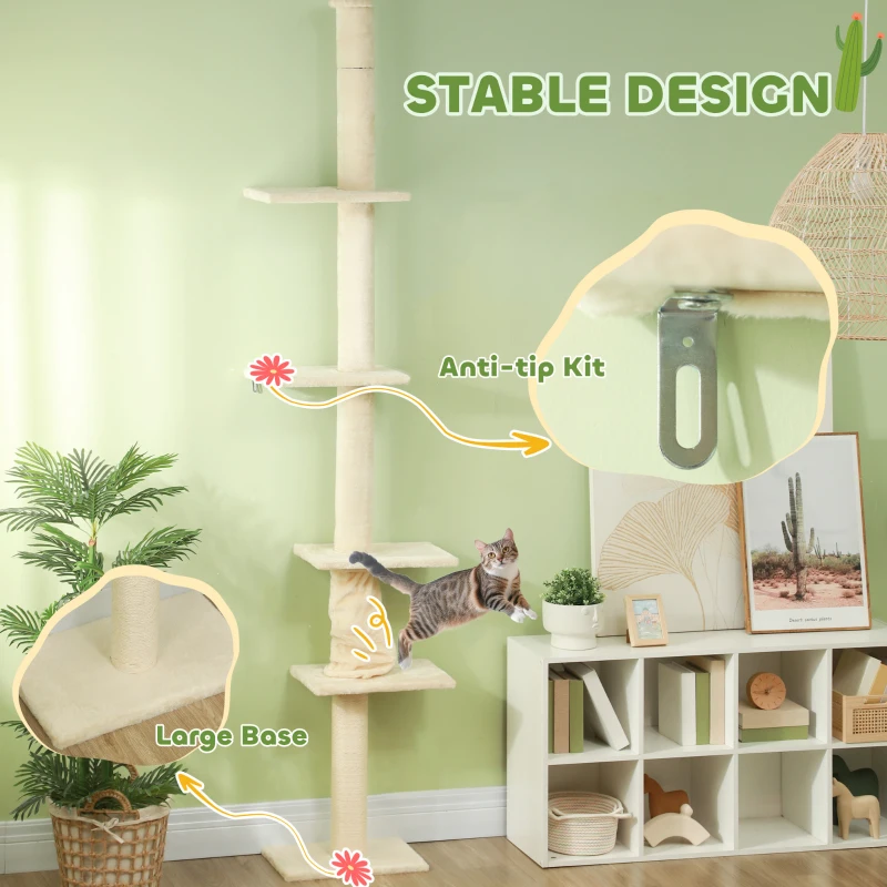 PawHut 89"-108" Floor to Ceiling Cat Tree with Scratching Post, Hand Crank & Anti-tip Kit, Cream White