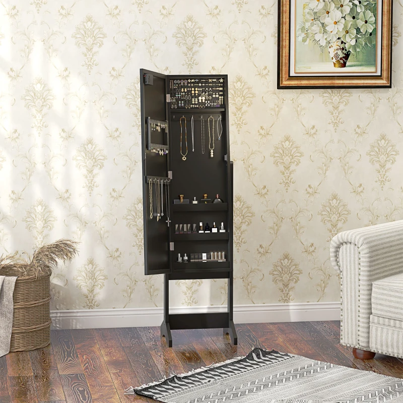 HOMCOM Free Standing Armoire Organizer, Lighted Mirrored Jewelry Cabinet w/ Angle Adjustable & 16 LED Lights Black