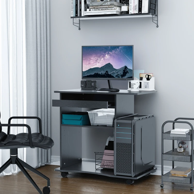 HOMCOM Computer Desk Cart, Mobile Small Office Workstation with Slide-Out Keyboard Tray, Adjustable Shelf, & CPU Stand, Black