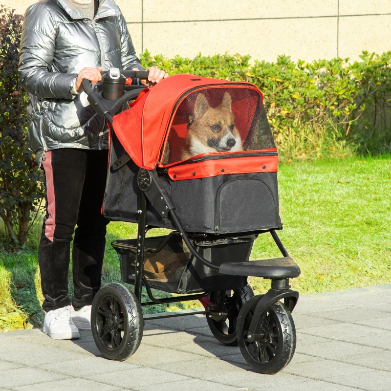 PawHut 3 Wheel Folding Dog Stroller, Travel Carrier with Adjustable Canopy, Storage Brake, Mesh Window for S&M Dogs, Red
