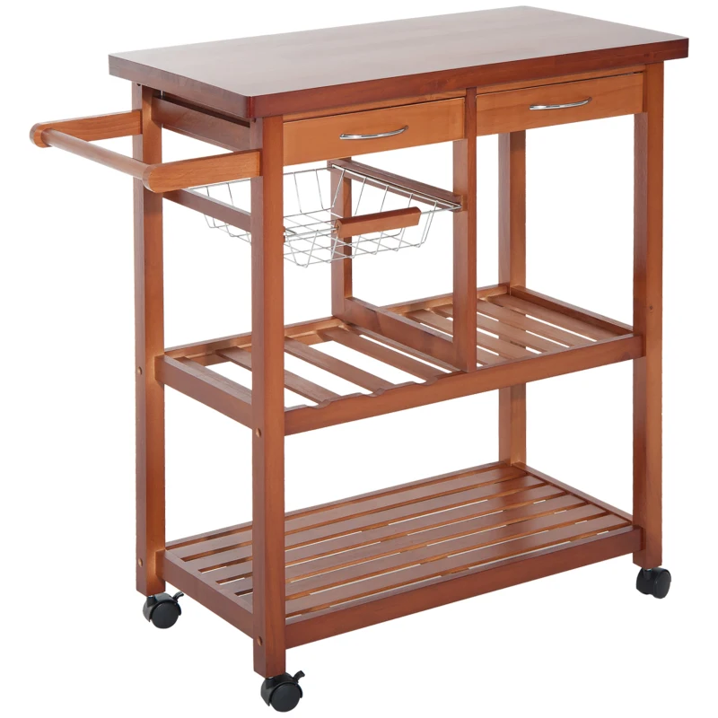 HOMCOM Wooden Kitchen Trolley Cart Basket Drawer Dining Storage w/Roller Holder Wood
