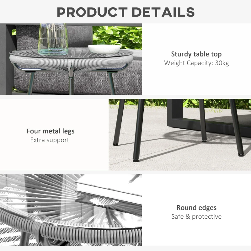 Outsunny Rattan Side Table, Round Outdoor Table, with Round PE Rattan and Tempered Glass Table Top for Patio, Garden, Grey