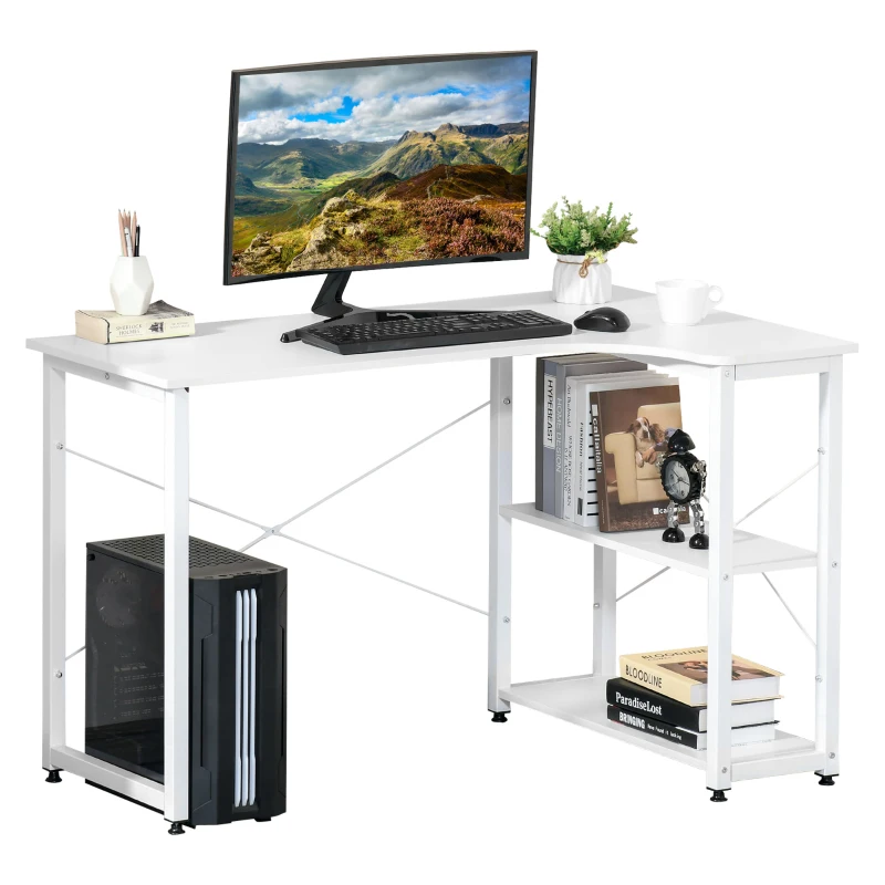 HOMCOM L-Shaped Computer Desk Home Office Corner Desk Study with Wide Desktop, 2 Side Shelves, Steel Frame, White