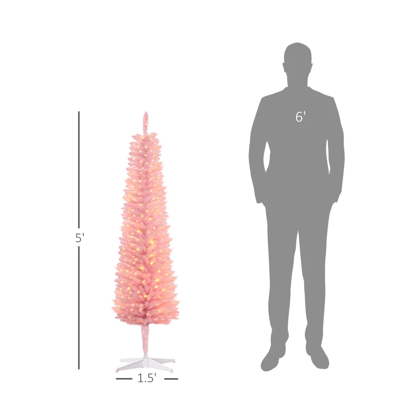 HOMCOM 5' Prelit Christmas Tree, Pencil Artificial Christmas Tree with Colorful Surface Branches, Colorful LED Lights, Pink