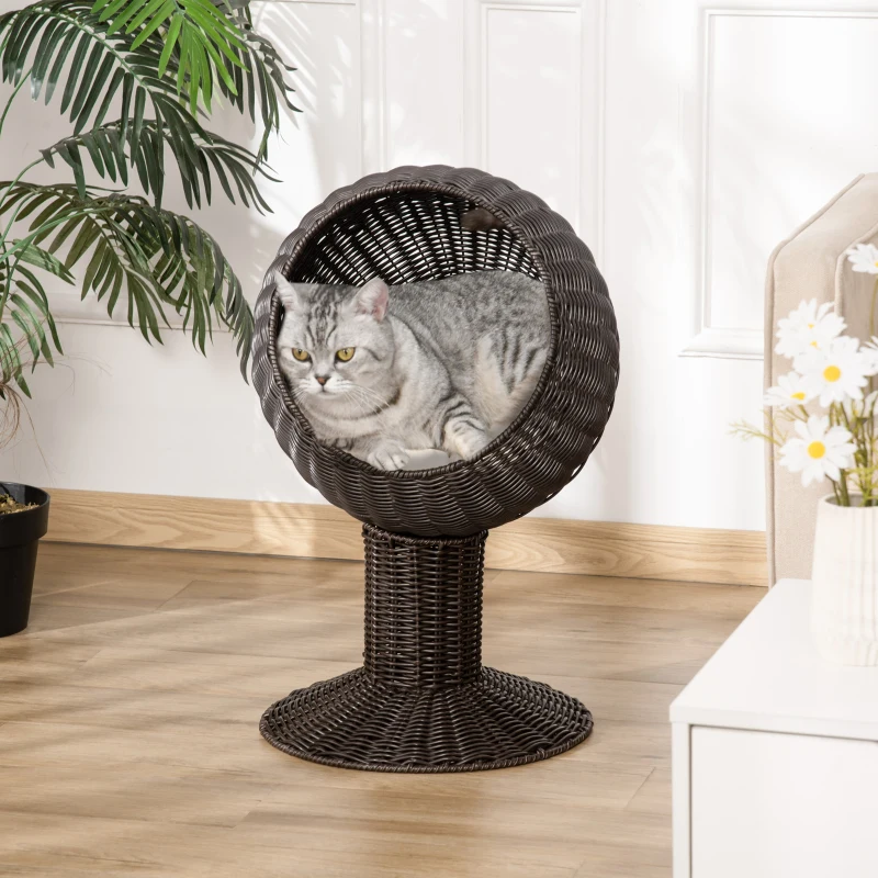 PawHut Elevated Cat Bed with Rotatable Egg Chair Pod, Cat Basket Bed with Thick Cushion, Natural Mat Grass Woven Kitty House, Coffee