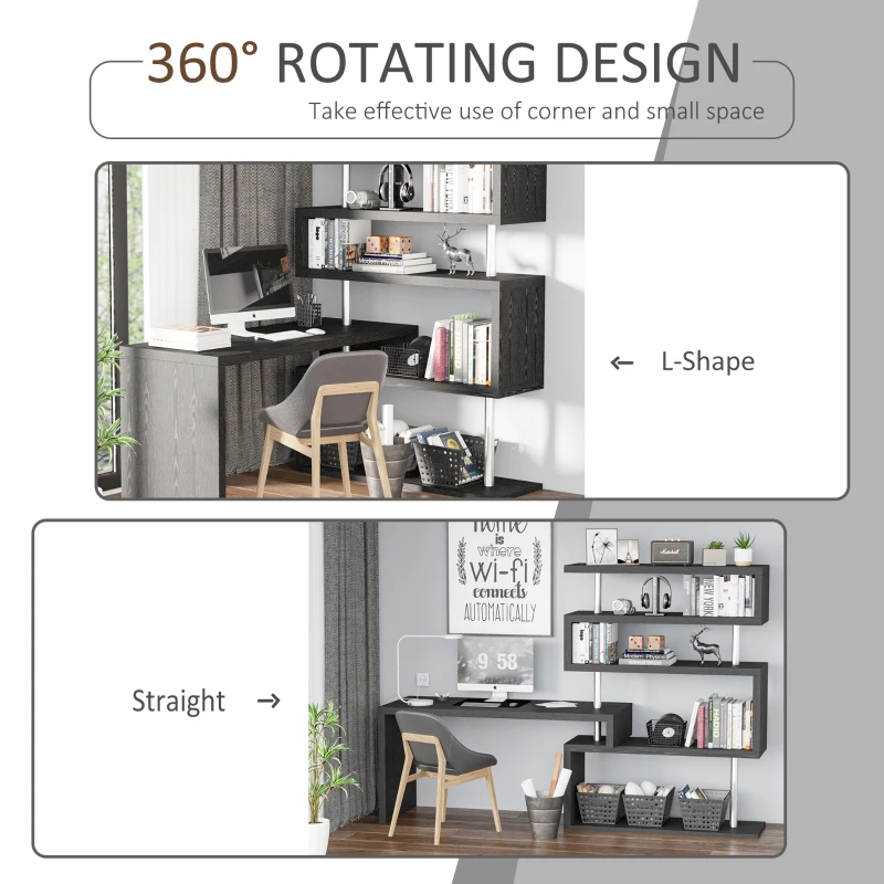HOMCOM 94" 5 Tier L-Shaped Computer Desk Rotating Writing Table Corner Desk with Display Shelves and Stainless Steel Frame, Black