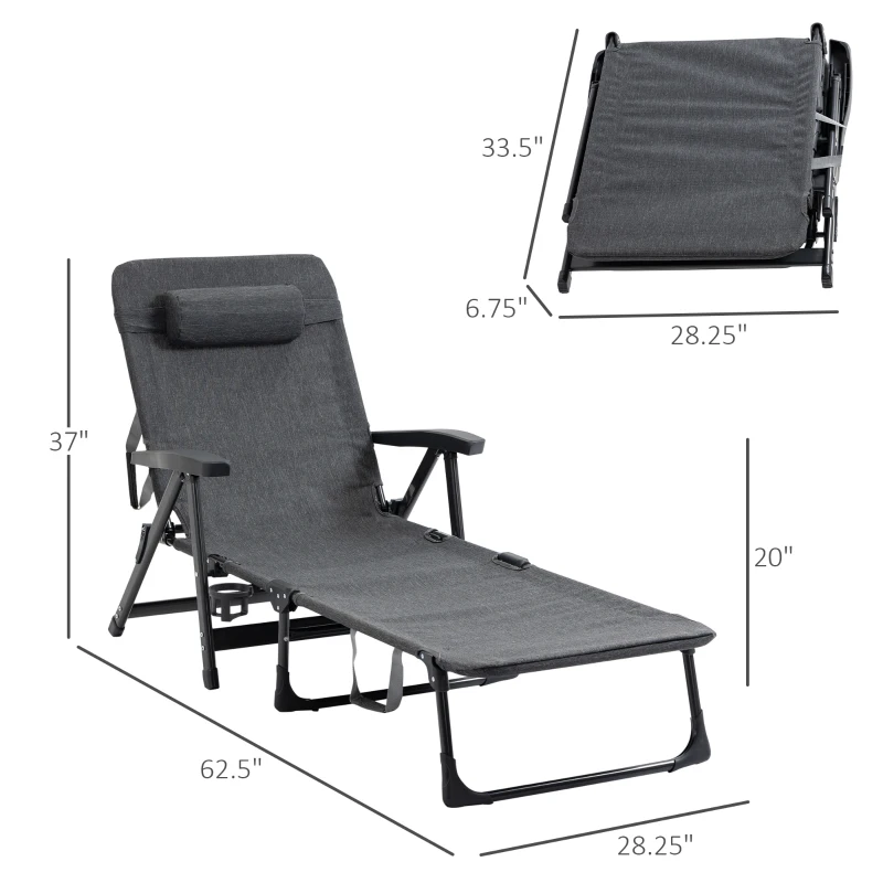 Outsunny Outdoor Folding Lounge Chaise Chair, Pool Chair with Adjustable Backrest, Pillow and Cup Holder for Poolside, Deck, Lawn, Gray