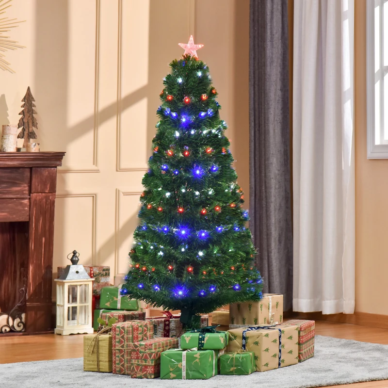HOMCOM 5ft Fiber Optic Artificial Fir Christmas Tree, LED Pre-Lit Holiday Decoration with 180 Lights and Branch Tips