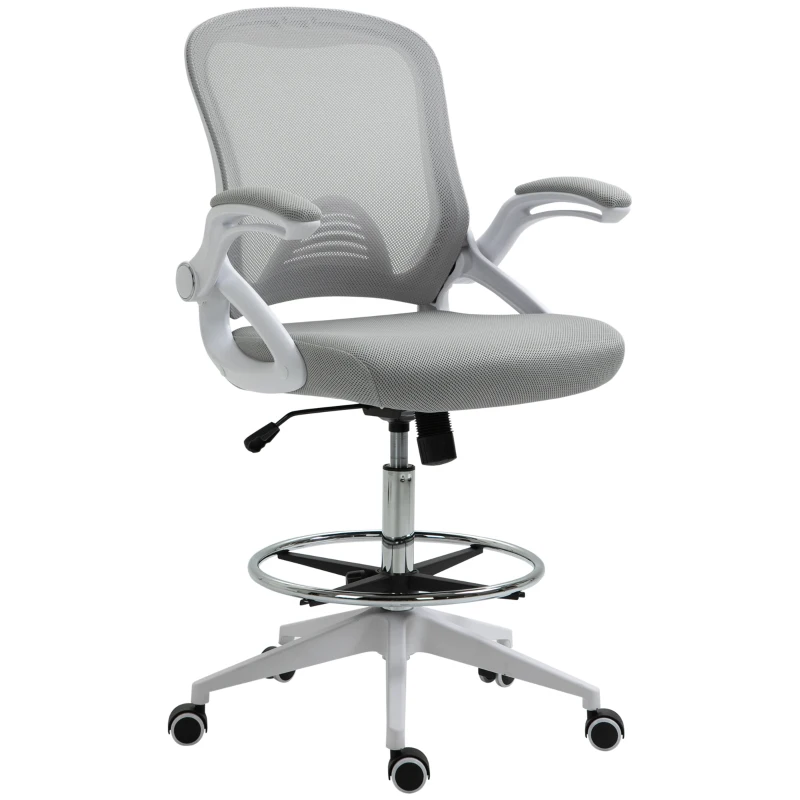 Vinsetto Height-Adjustable Tall Office Chair, Drafting Chair with Flip-Up Armrest, Footrest Ring, Swivel Wheels, Light Grey