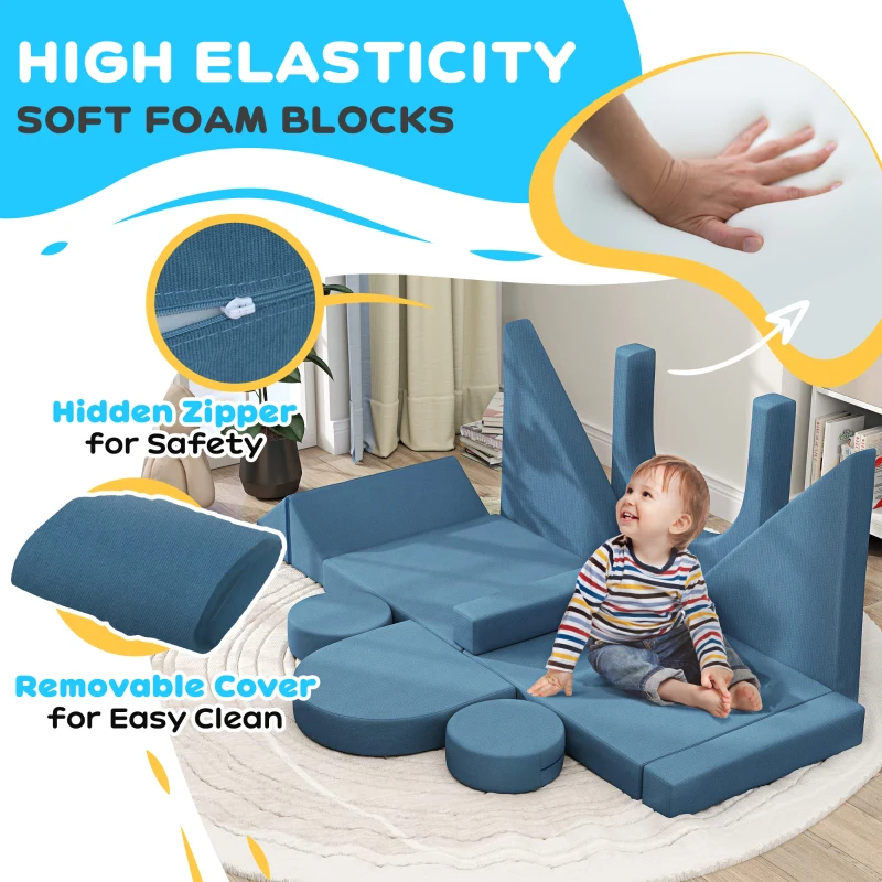 Qaba 12-Piece Modular Kids Play Couch Building Fort for Playroom Bedroom, Convertible Kids Sofa, Blue